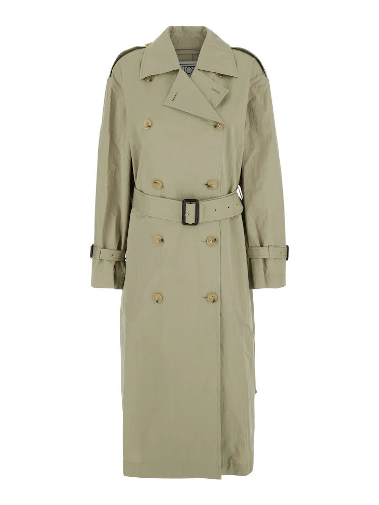 Beige Double-breasted Trench Coat with Removable Waistband in Cotton Blend Woman