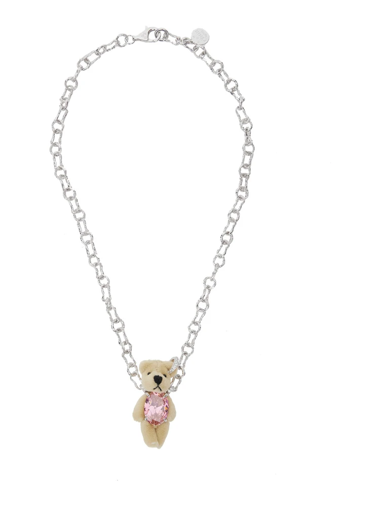 Brown Chain-Link Necklace with Bear Pendant and Crystal Embellishment in Sterling Silver Woman