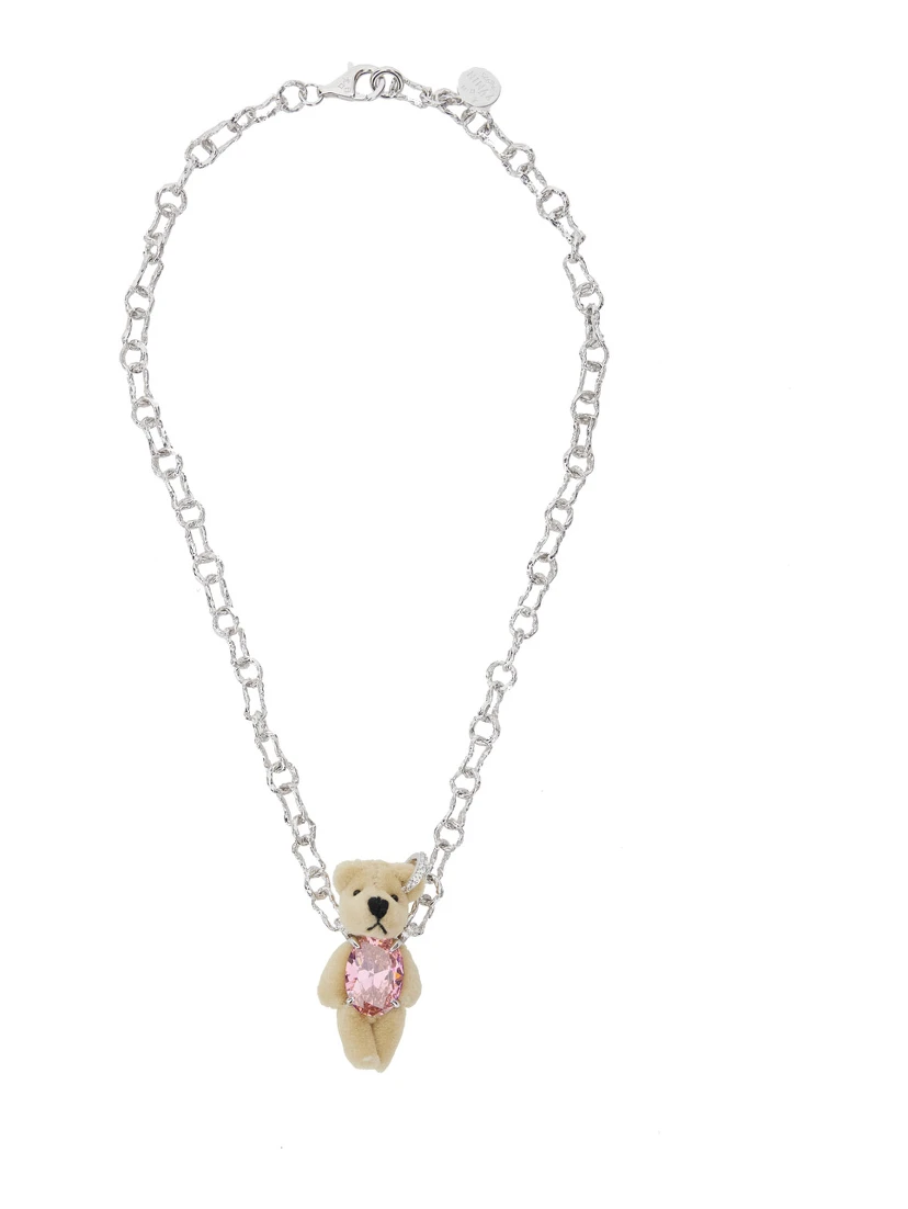Brown Chain-Link Necklace with Bear Pendant and Crystal Embellishment in Sterling Silver Woman