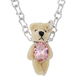 Brown Chain-Link Necklace with Bear Pendant and Crystal Embellishment in Sterling Silver Woman
