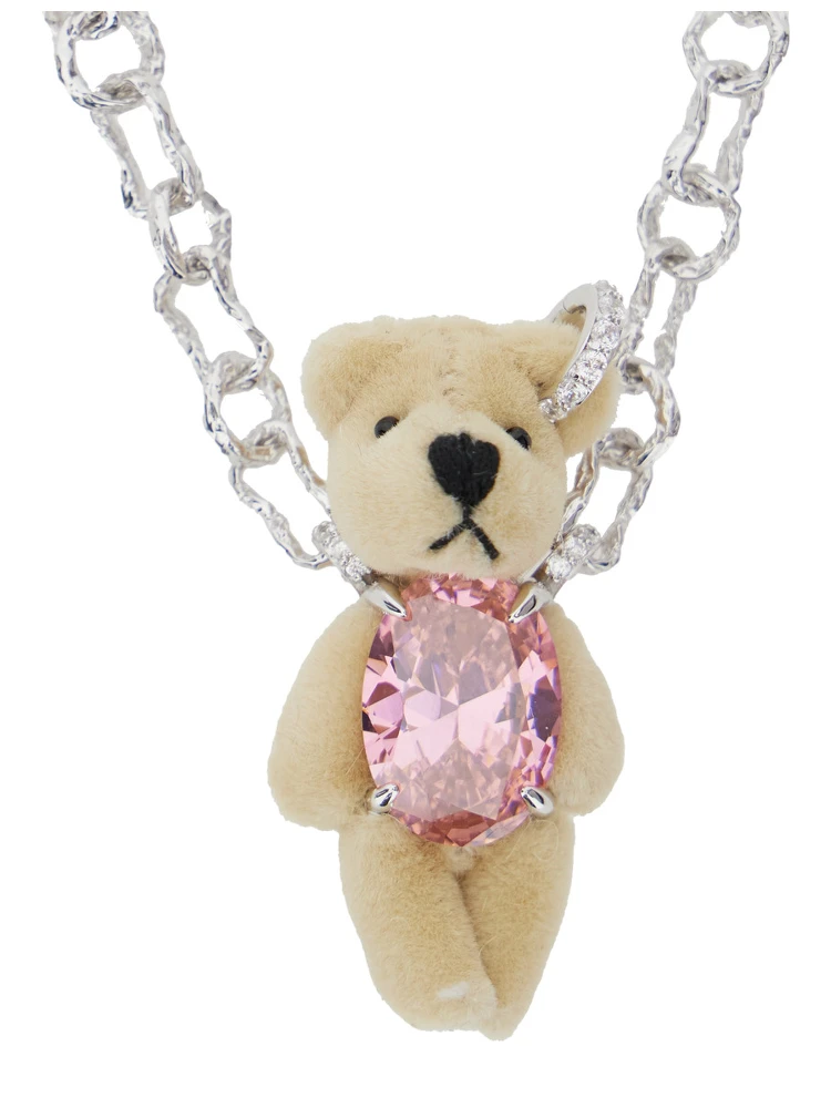 Brown Chain-Link Necklace with Bear Pendant and Crystal Embellishment in Sterling Silver Woman alternative