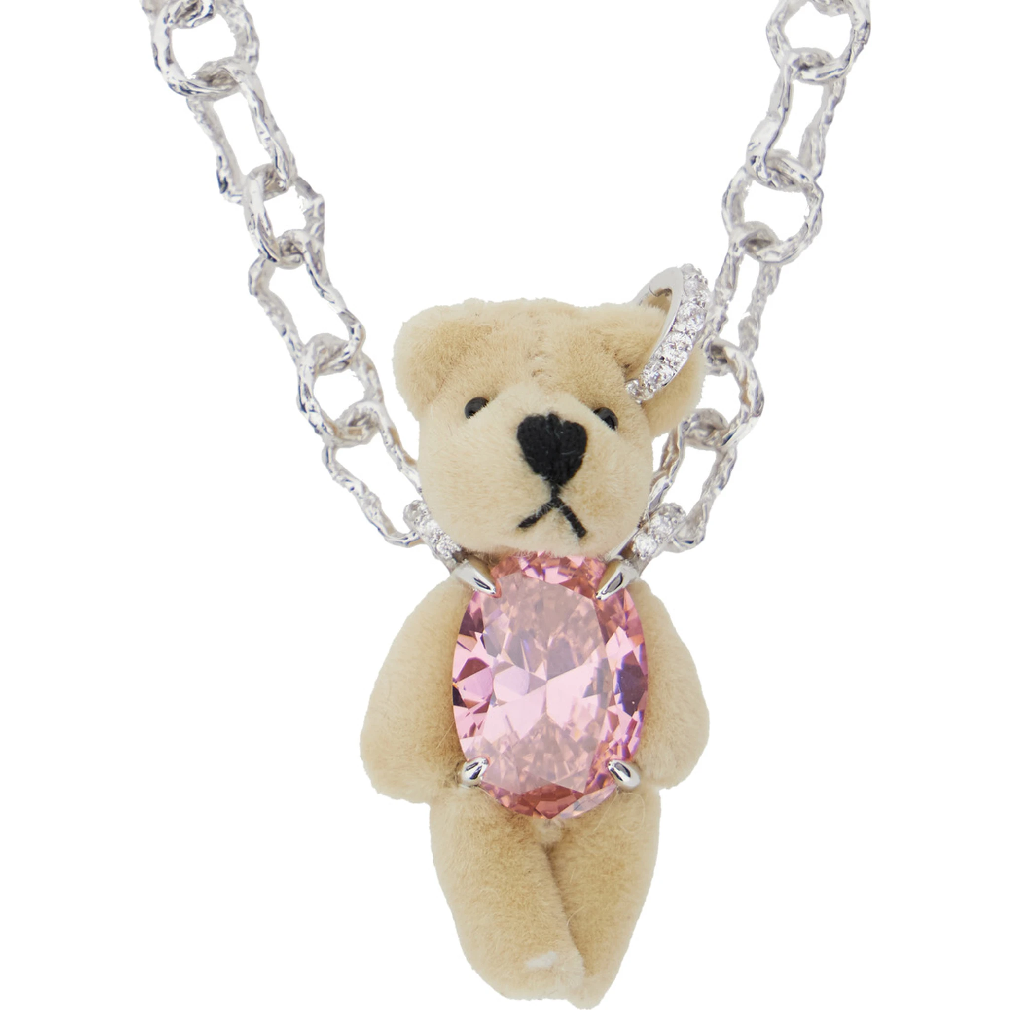 Brown Chain-Link Necklace with Bear Pendant and Crystal Embellishment in Sterling Silver Woman