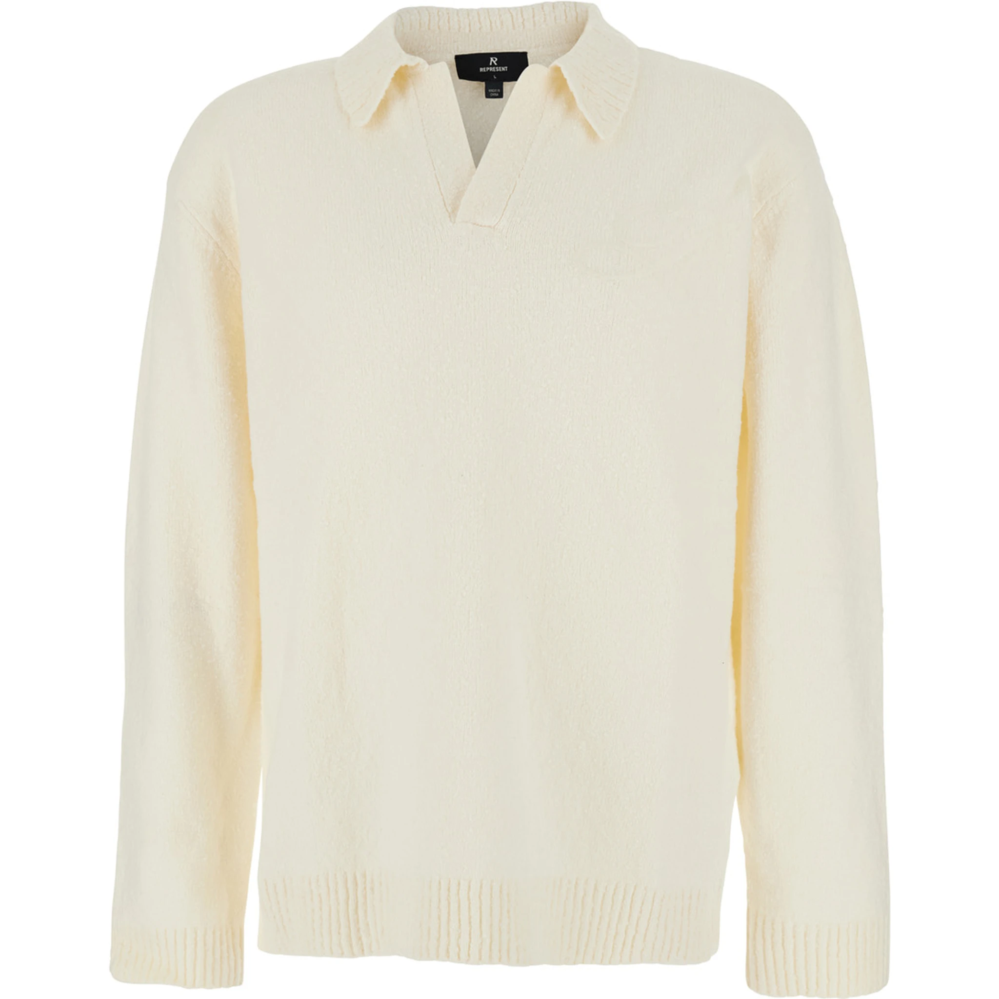 White Long-Sleeve Polo Shirt with Classic Collar and Ribbed Trims in Cotton Blend Stretch Man