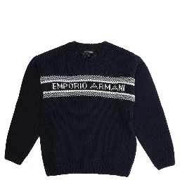 Blue Crewneck Sweater with Maxi Logo Lettering on the Front and Ribbed Trims in Wool Blend Boy