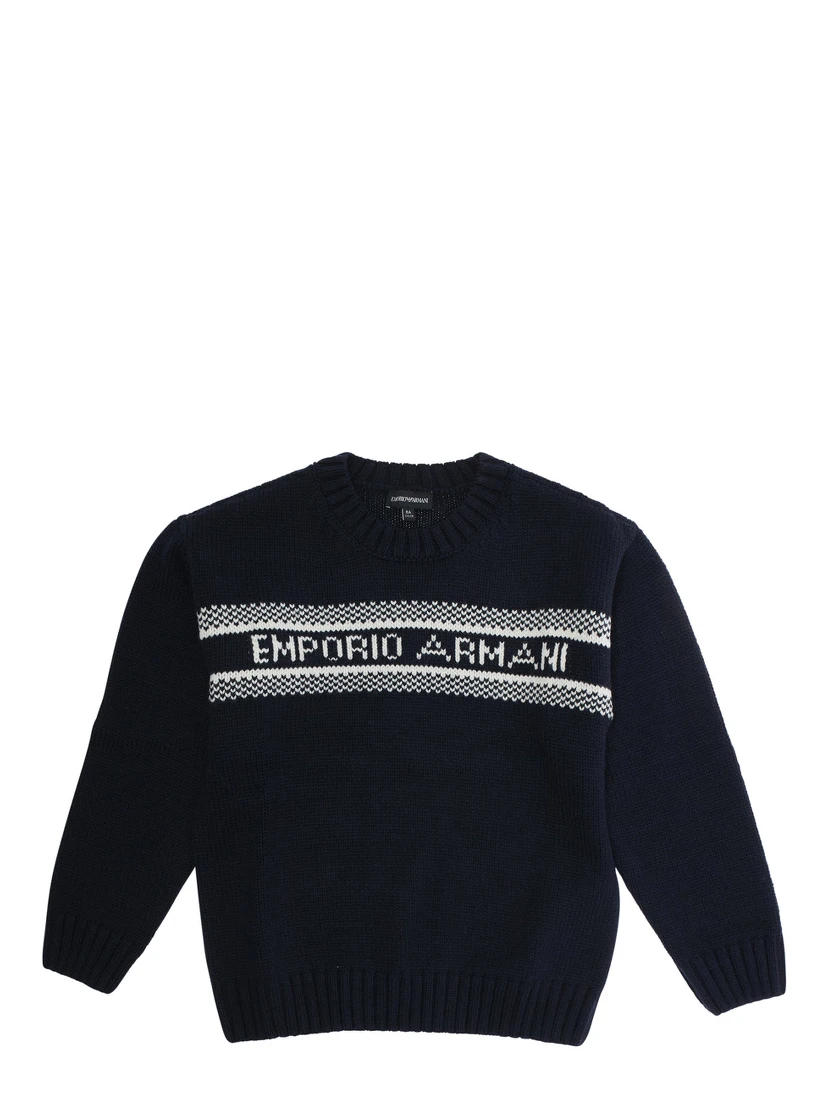 Blue Crewneck Sweater with Maxi Logo Lettering on the Front and Ribbed Trims in Wool Blend Boy