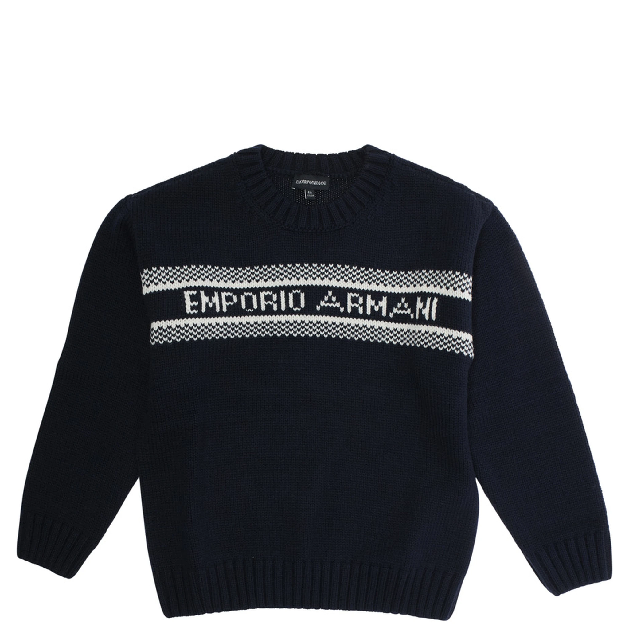 Blue Crewneck Sweater with Maxi Logo Lettering on the Front and Ribbed Trims in Wool Blend Boy