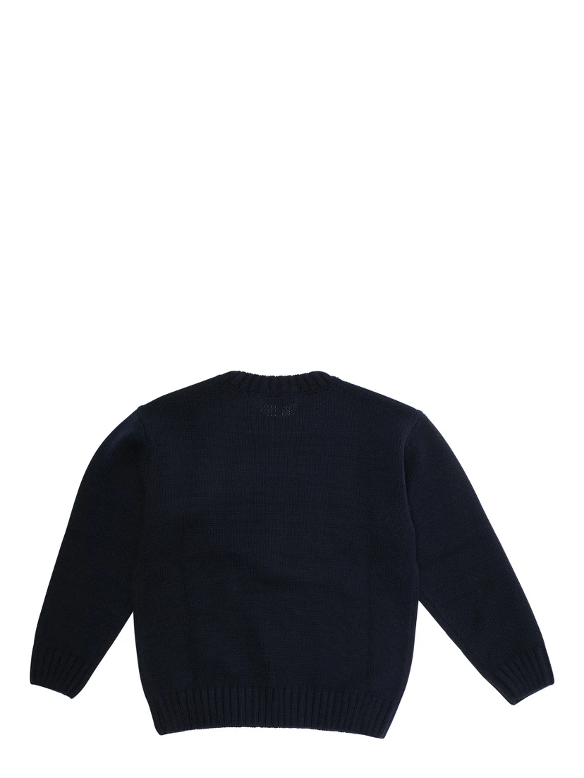 Blue Crewneck Sweater with Maxi Logo Lettering on the Front and Ribbed Trims in Wool Blend Boy