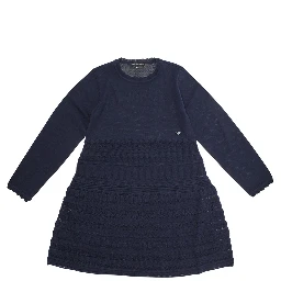 Blue Dress with Round Neck and Logo Embroidery on the Front in Wool Blend Girl