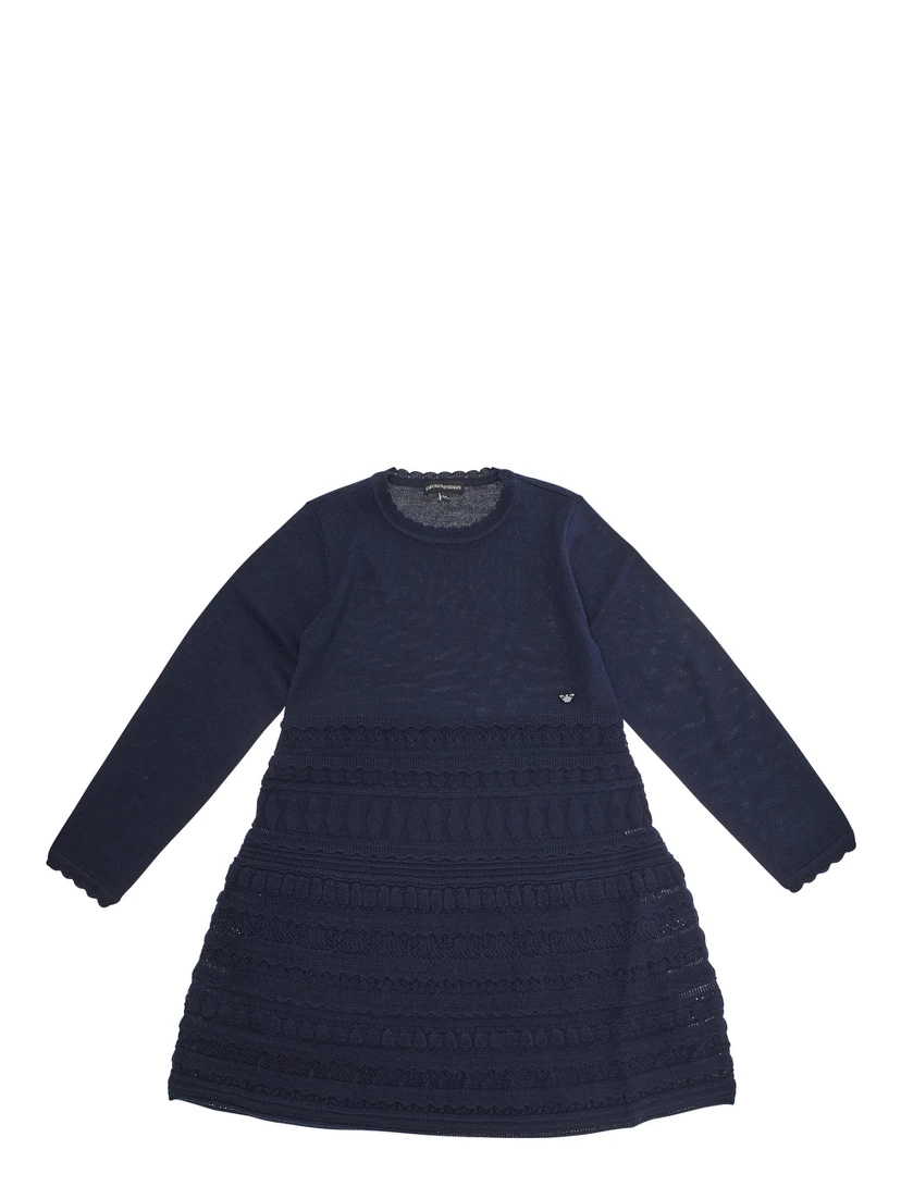 Blue Dress with Round Neck and Logo Embroidery on the Front in Wool Blend Girl