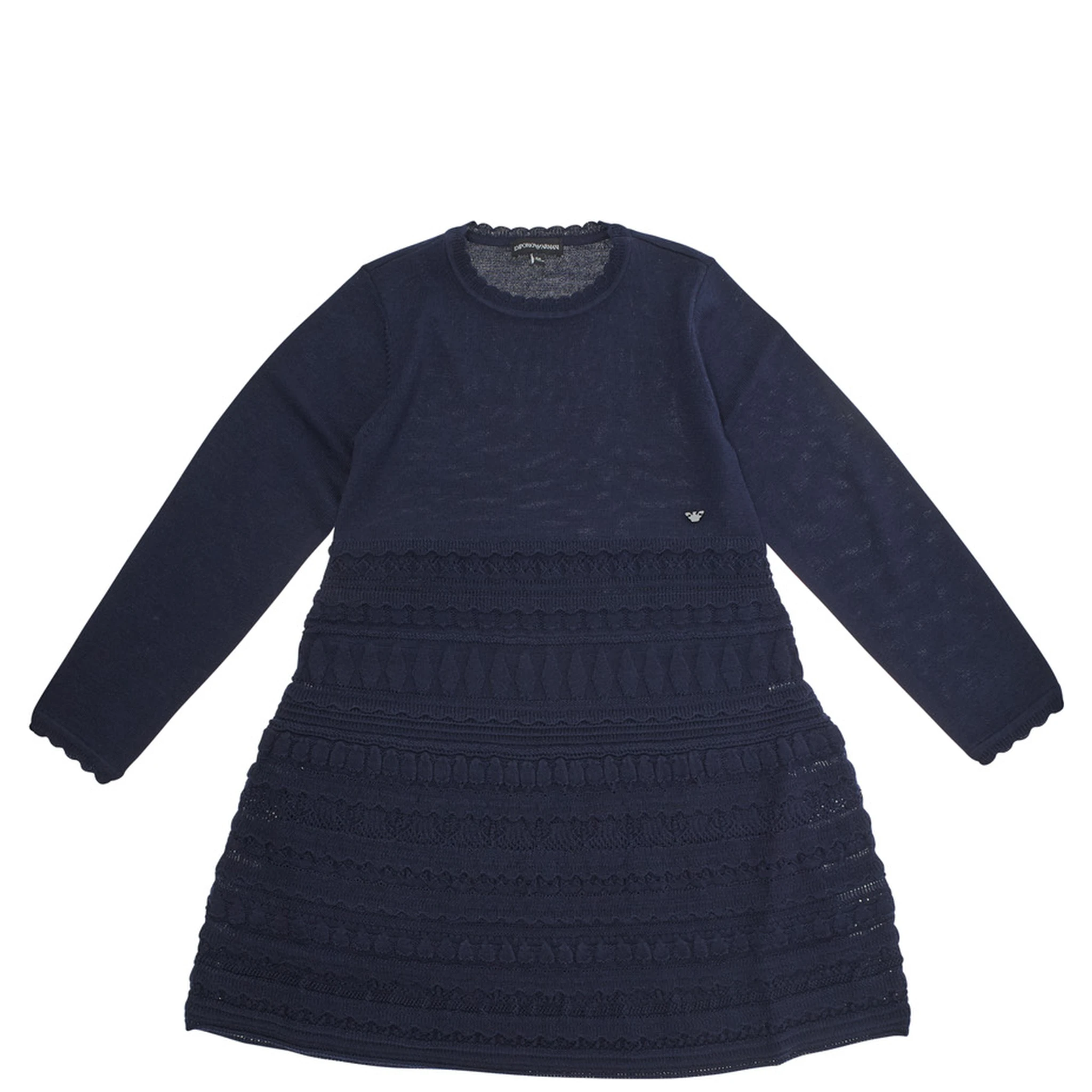 Blue Dress with Round Neck and Logo Embroidery on the Front in Wool Blend Girl