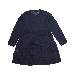 Blue Dress with Round Neck and Logo Embroidery on the Front in Wool Blend Girl