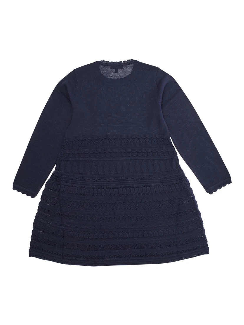 Blue Dress with Round Neck and Logo Embroidery on the Front in Wool Blend Girl