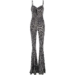Grey Jumpsuit with Adjustable Shoulder Straps and All-Over Leopard Motif in Tech Fabric Stretch Woman
