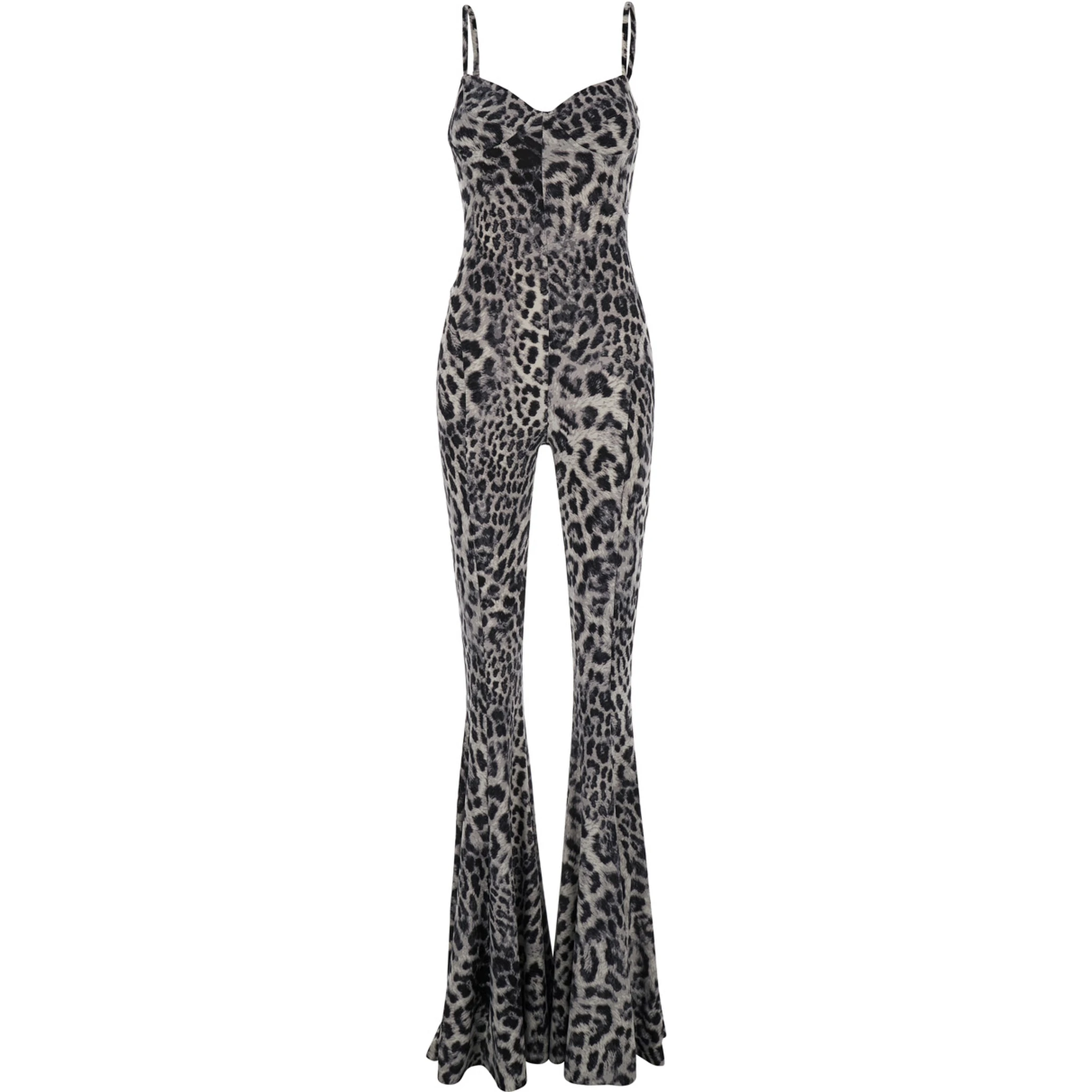 Grey Jumpsuit with Adjustable Shoulder Straps and All-Over Leopard Motif in Tech Fabric Stretch Woman