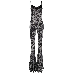 Grey Jumpsuit with Adjustable Shoulder Straps and All-Over Leopard Motif in Tech Fabric Stretch Woman