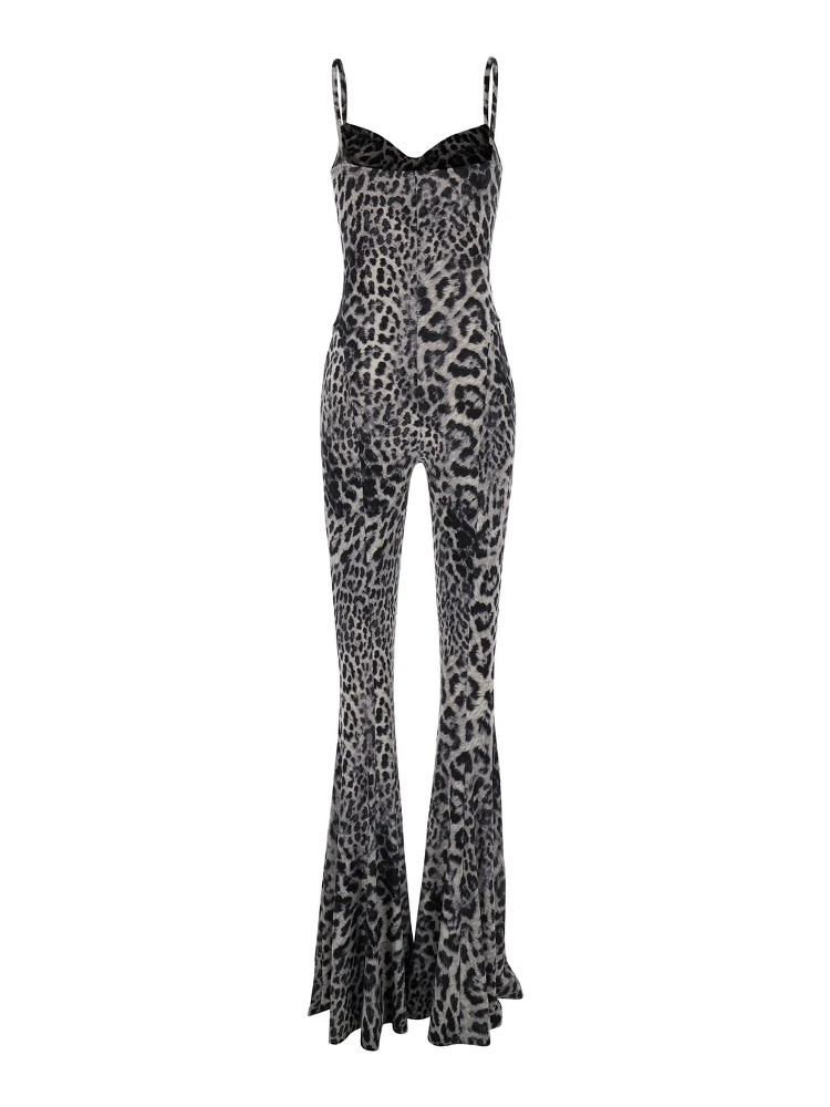 Grey Jumpsuit with Adjustable Shoulder Straps and All-Over Leopard Motif in Tech Fabric Stretch Woman alternative