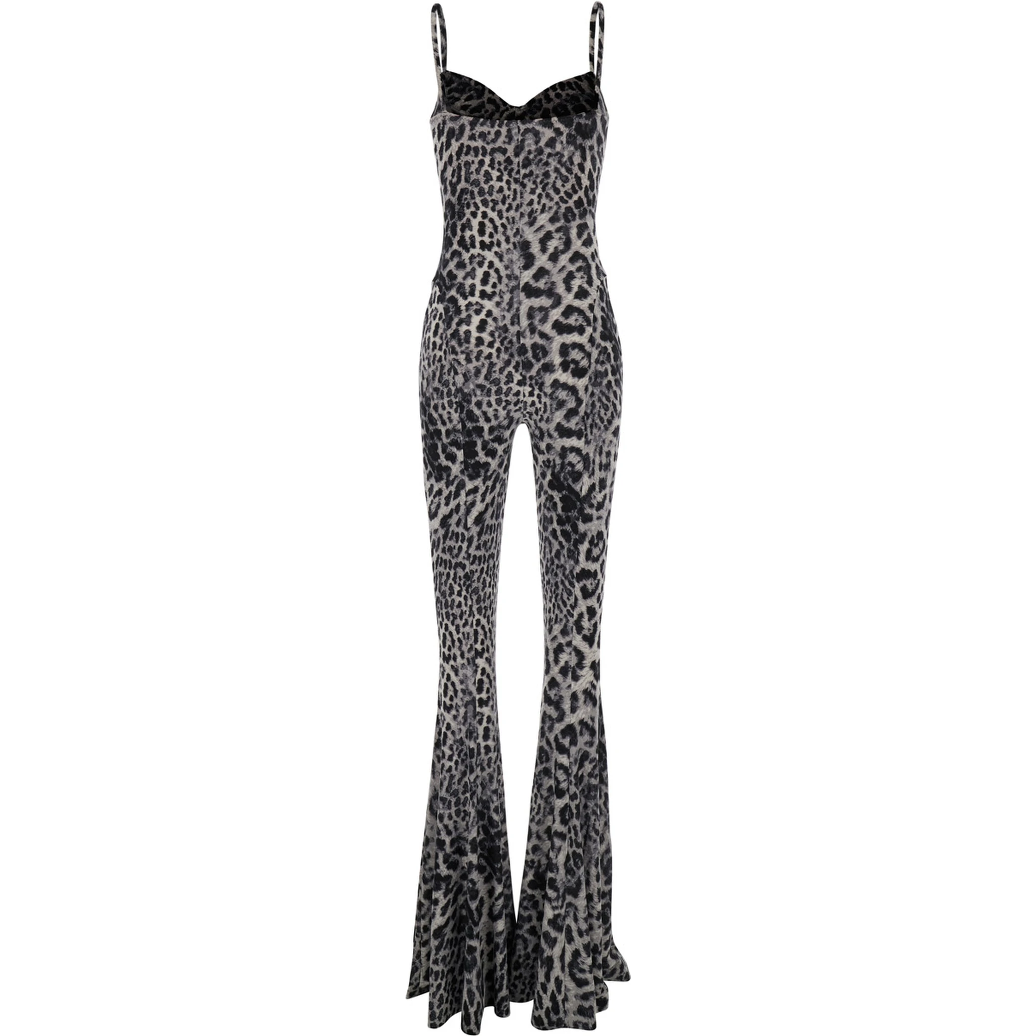 Grey Jumpsuit with Adjustable Shoulder Straps and All-Over Leopard Motif in Tech Fabric Stretch Woman