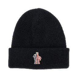 Black Beanie with Logo Patch on the Front in Wool Woman