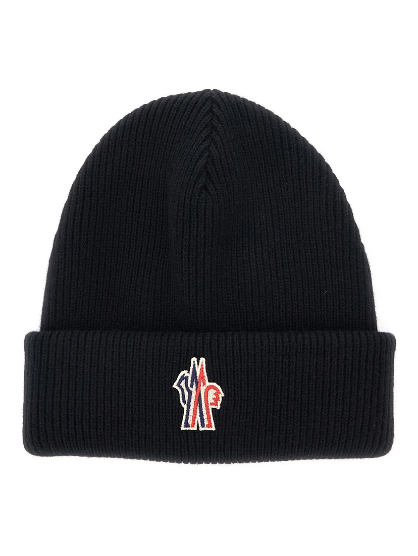 Black Beanie with Logo Patch on the Front in Wool Woman
