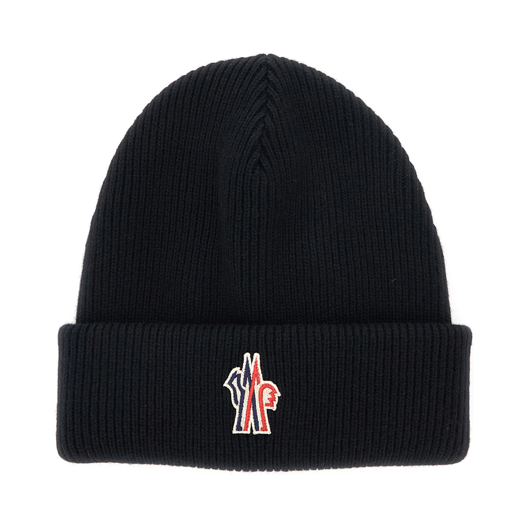 Black Beanie with Logo Patch on the Front in Wool Woman