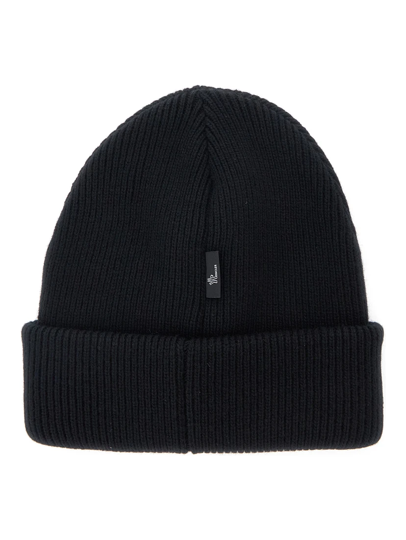 Black Beanie with Logo Patch on the Front in Wool Woman