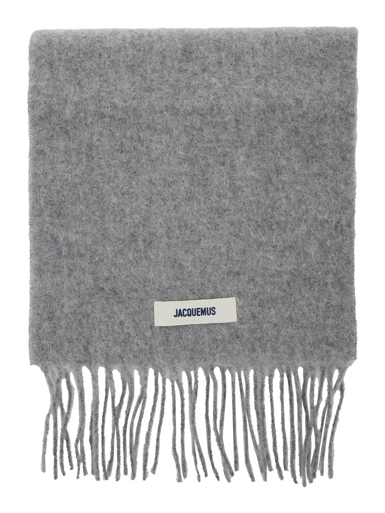 LEcharpe Carro Grey Scarf with Logo Patch on the Front and Fringed Hem in Wool Blend Man