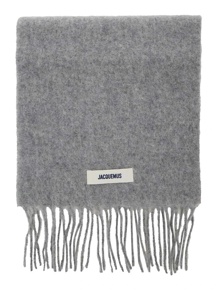 LEcharpe Carro Grey Scarf with Logo Patch on the Front and Fringed Hem in Wool Blend Man