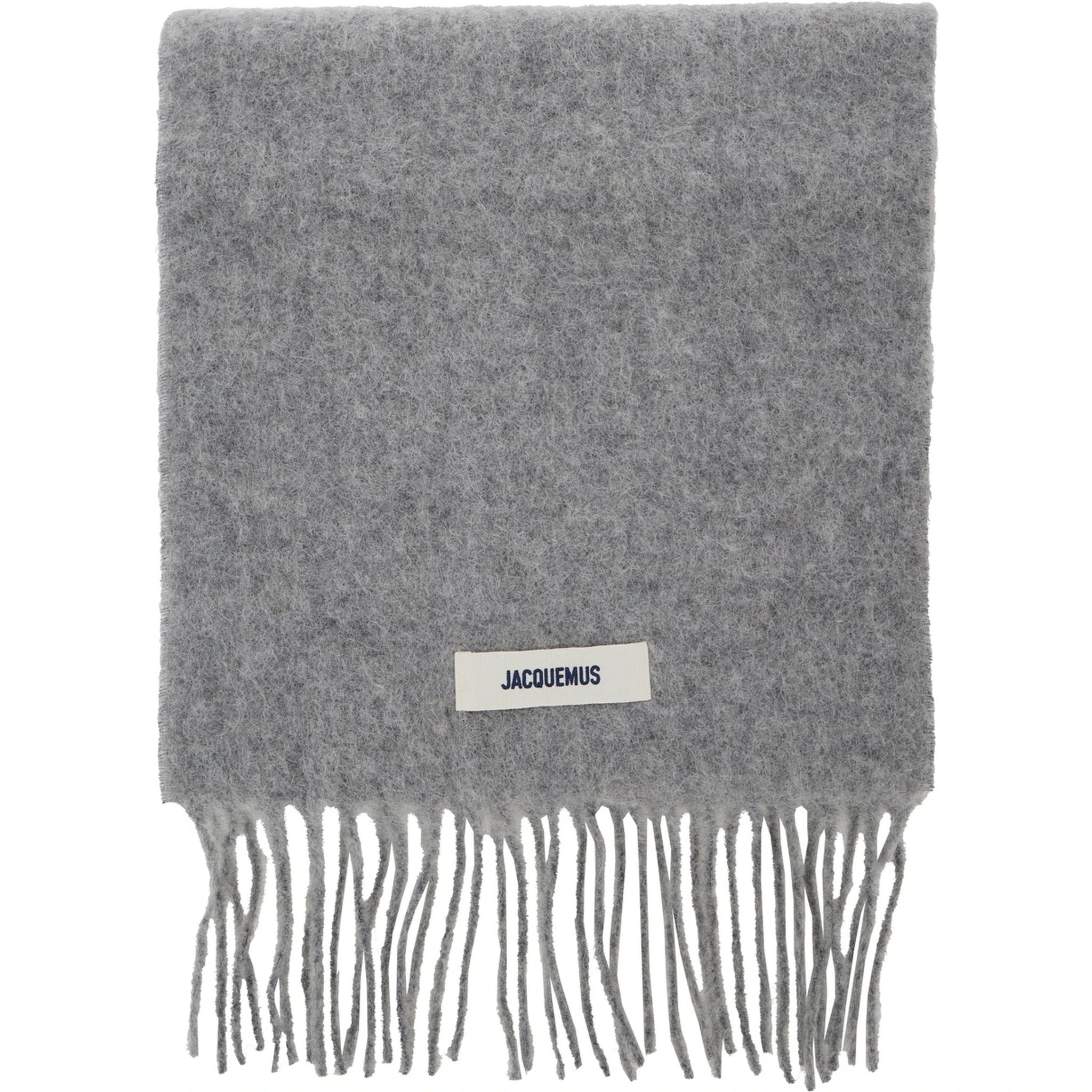 LEcharpe Carro Grey Scarf with Logo Patch on the Front and Fringed Hem in Wool Blend Man