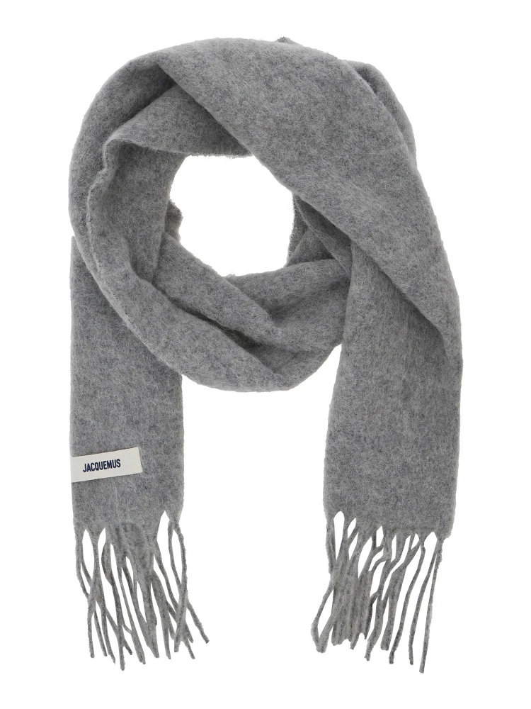 LEcharpe Carro Grey Scarf with Logo Patch on the Front and Fringed Hem in Wool Blend Man alternative