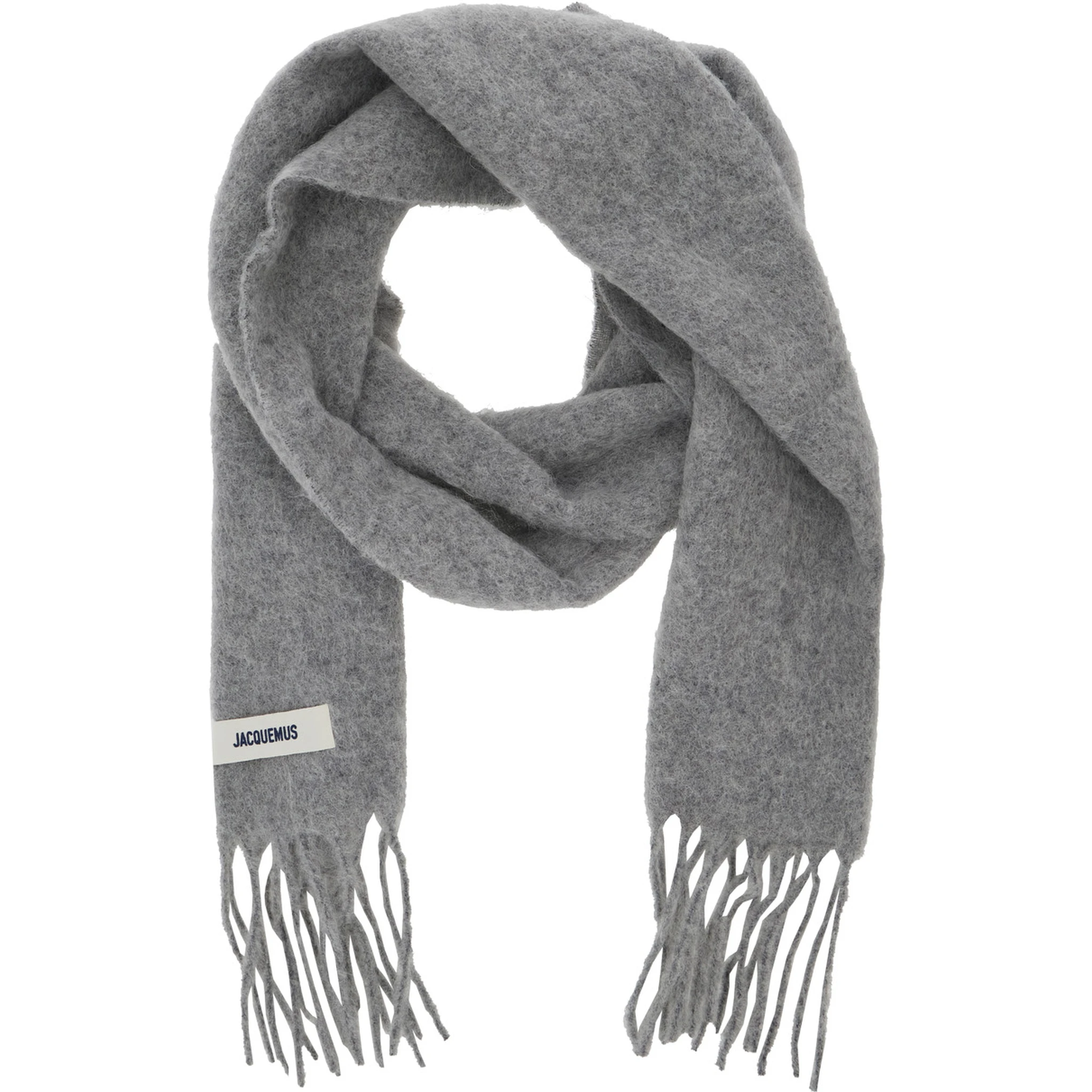 LEcharpe Carro Grey Scarf with Logo Patch on the Front and Fringed Hem in Wool Blend Man