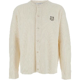 Beige Ribbed Knit Crewneck Cardigan with Logo Embroidery on the Front in Wool Man