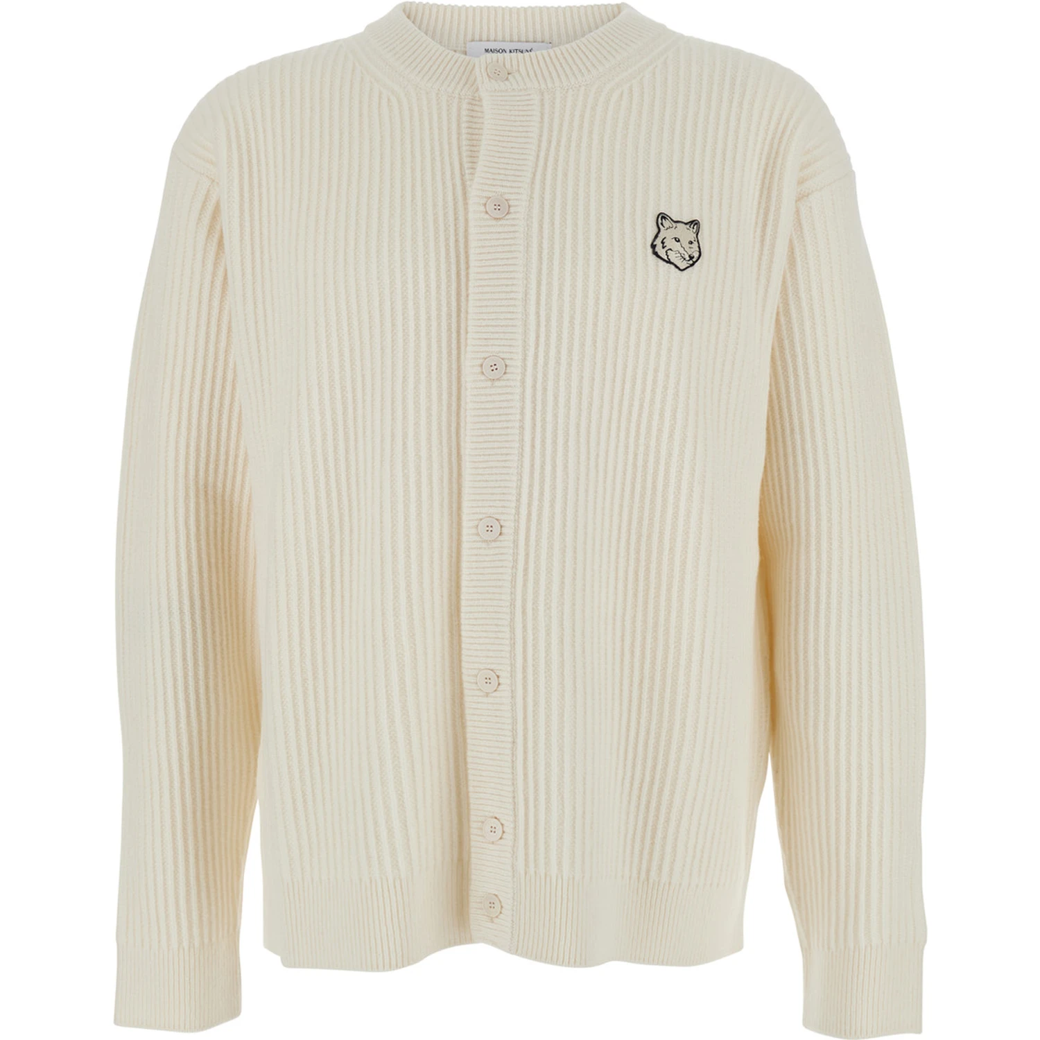 Beige Ribbed Knit Crewneck Cardigan with Logo Embroidery on the Front in Wool Man