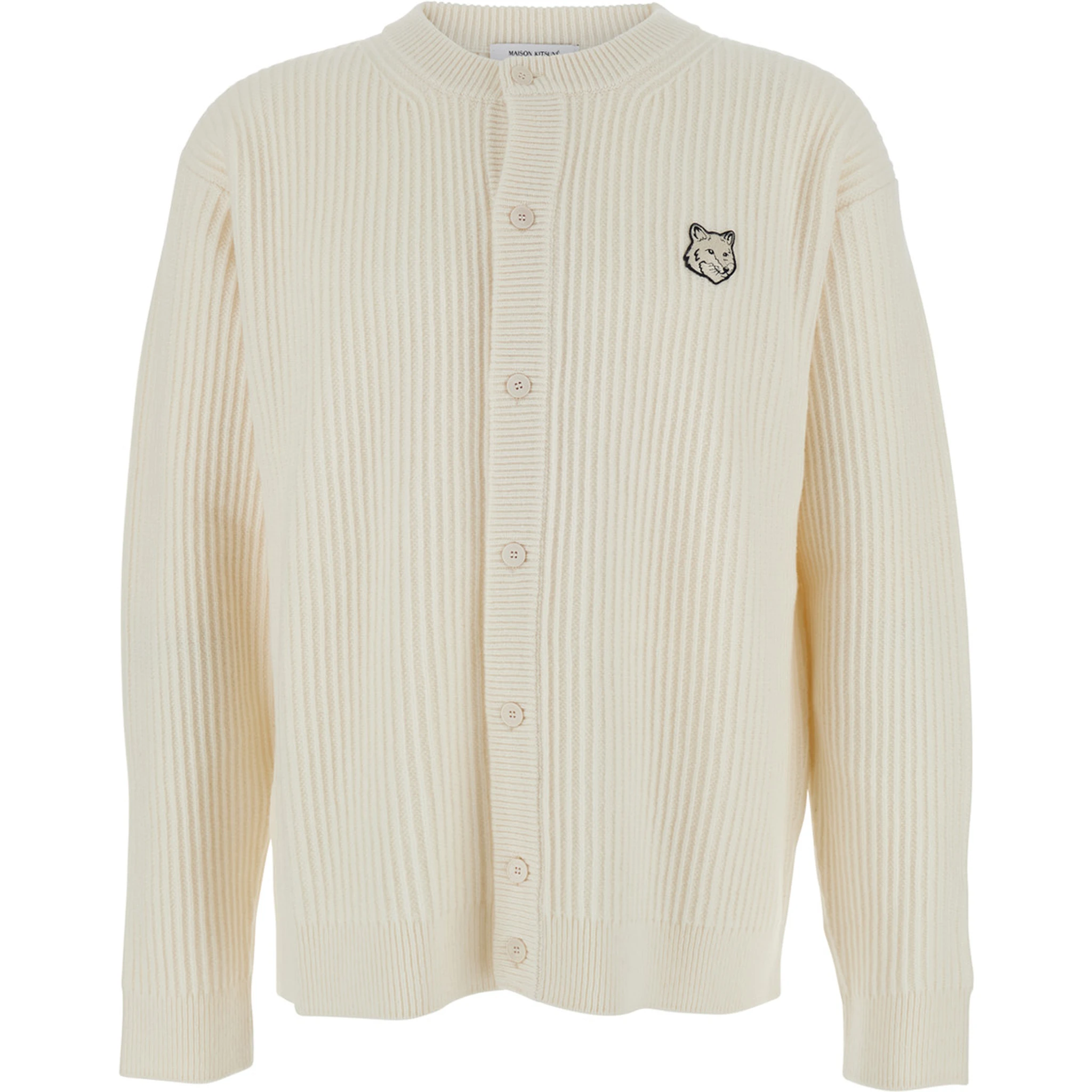 Beige Ribbed Knit Crewneck Cardigan with Logo Embroidery on the Front in Wool Man