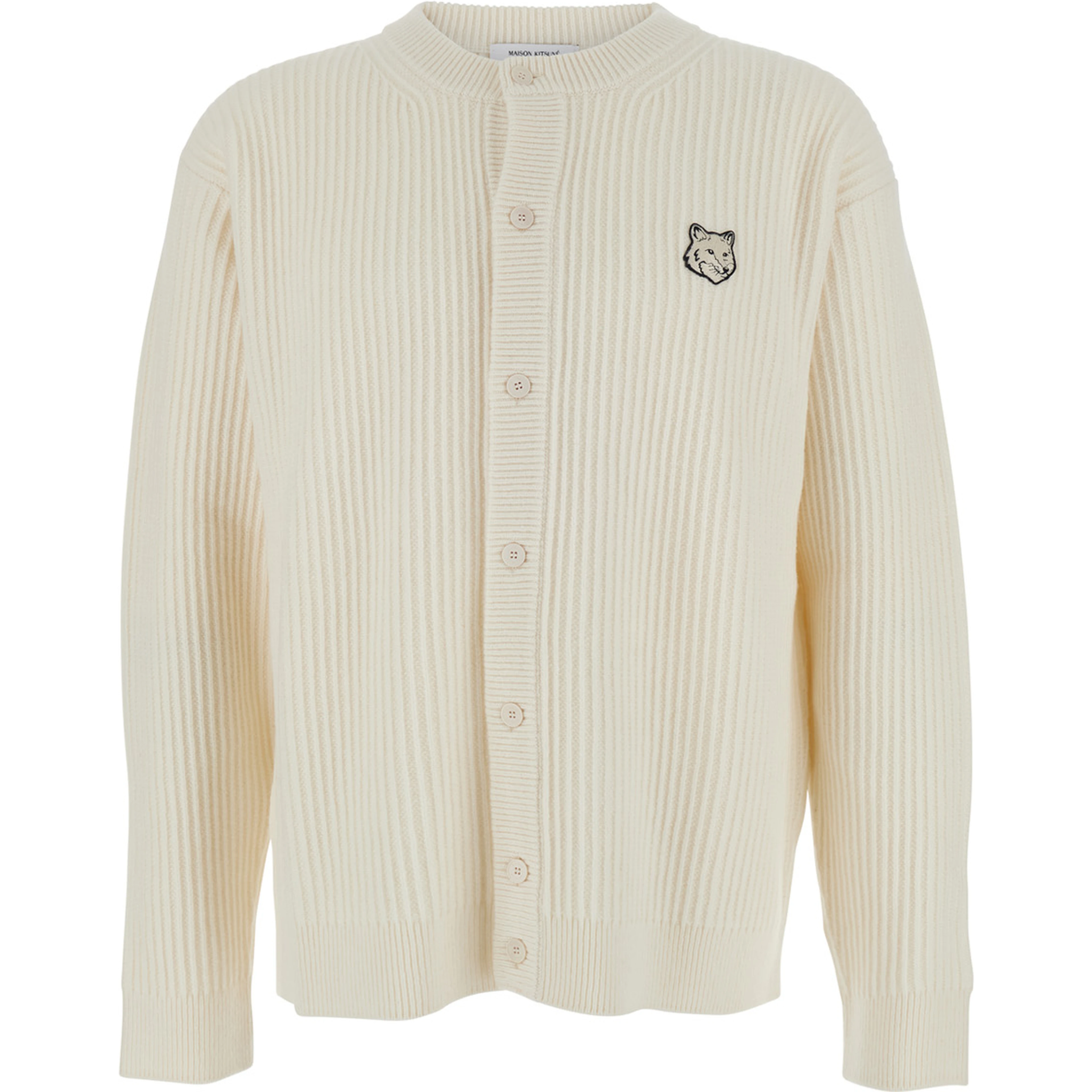 Beige Ribbed Knit Crewneck Cardigan with Logo Embroidery on the Front in Wool Man