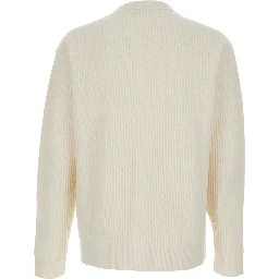 Beige Ribbed Knit Crewneck Cardigan with Logo Embroidery on the Front in Wool Man