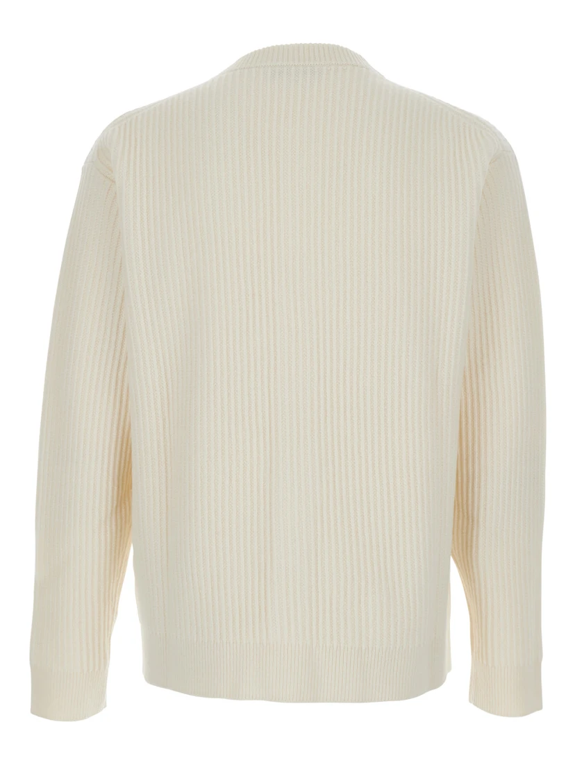 Beige Ribbed Knit Crewneck Cardigan with Logo Embroidery on the Front in Wool Man