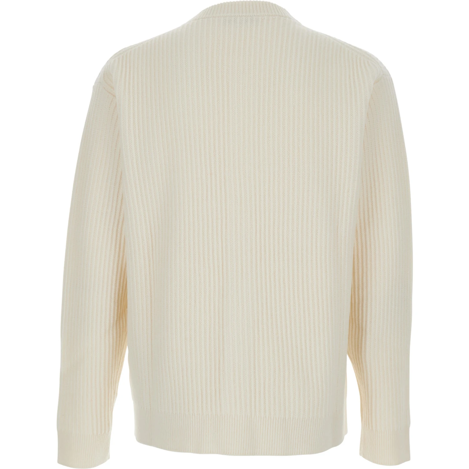 Beige Ribbed Knit Crewneck Cardigan with Logo Embroidery on the Front in Wool Man