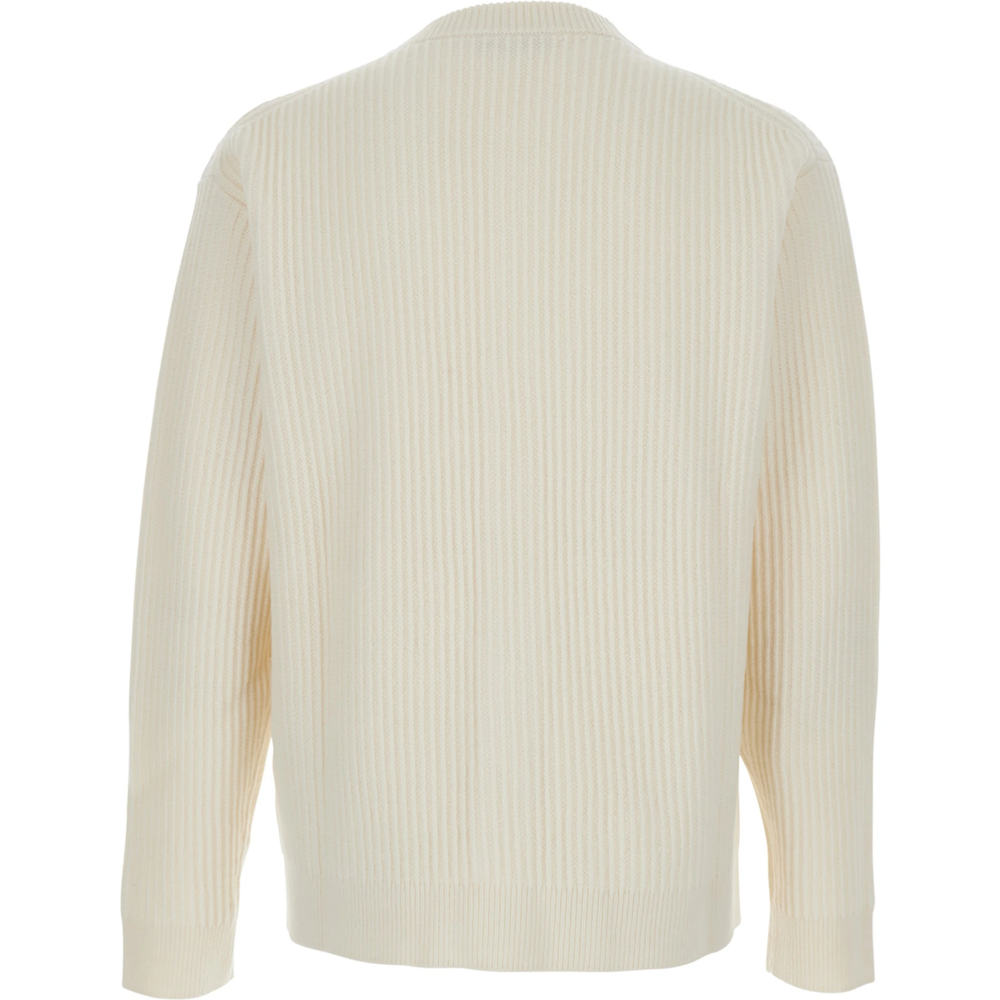 Beige Ribbed Knit Crewneck Cardigan with Logo Embroidery on the Front in Wool Man