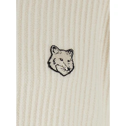 Beige Ribbed Knit Crewneck Cardigan with Logo Embroidery on the Front in Wool Man