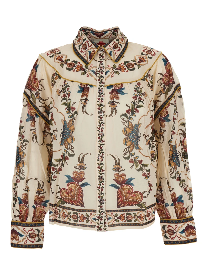 Multicolor Blouse with Classic Collar and All-Over Floral Pattern in Fabric Woman