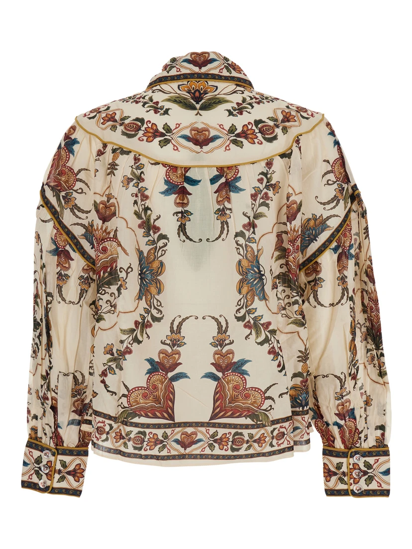 Multicolor Blouse with Classic Collar and All-Over Floral Pattern in Fabric Woman