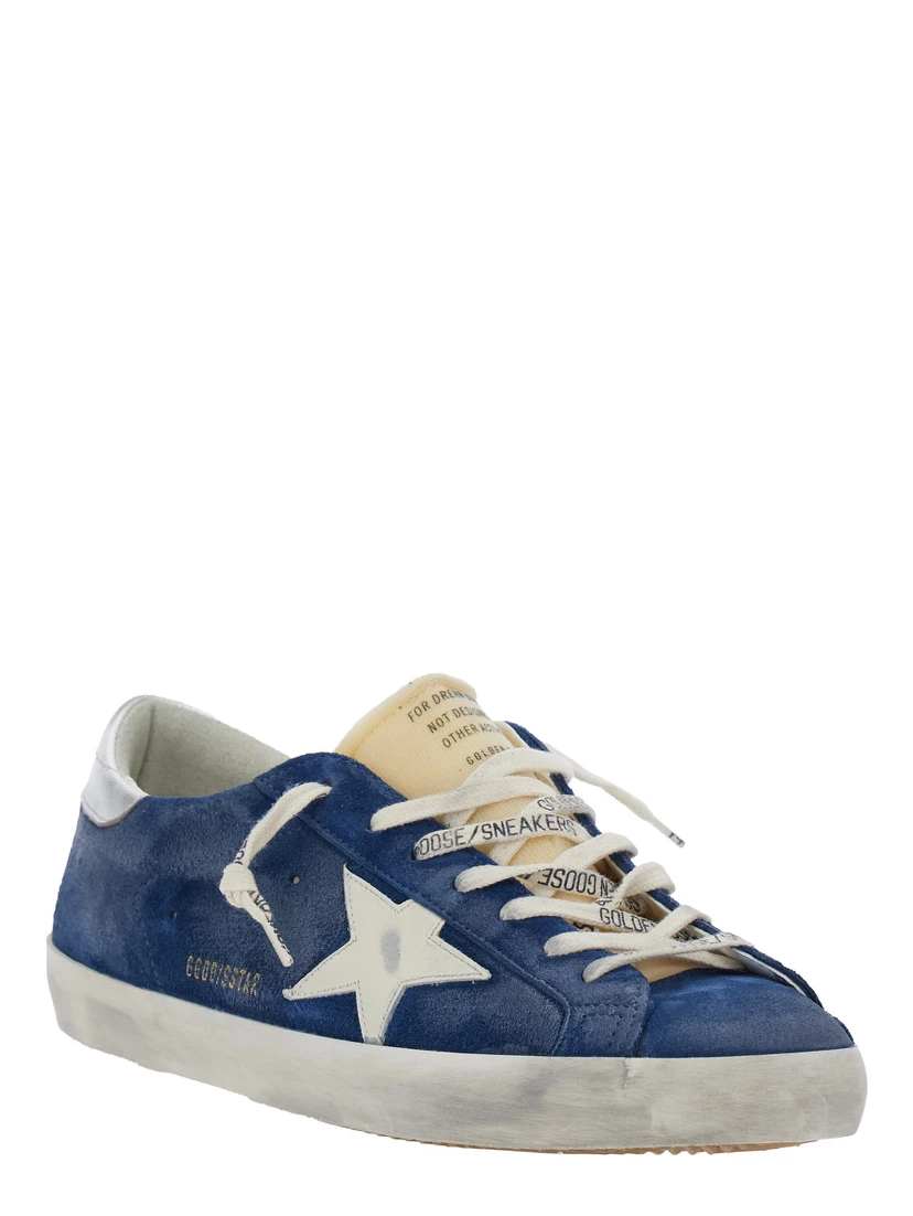 Super-Star Blue Low Top Sneakers with Embossed Logo and Contrasting Heel in Suede Man