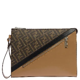 Brown Flat Pouch with Leather Diagonal Insert Man Fendi