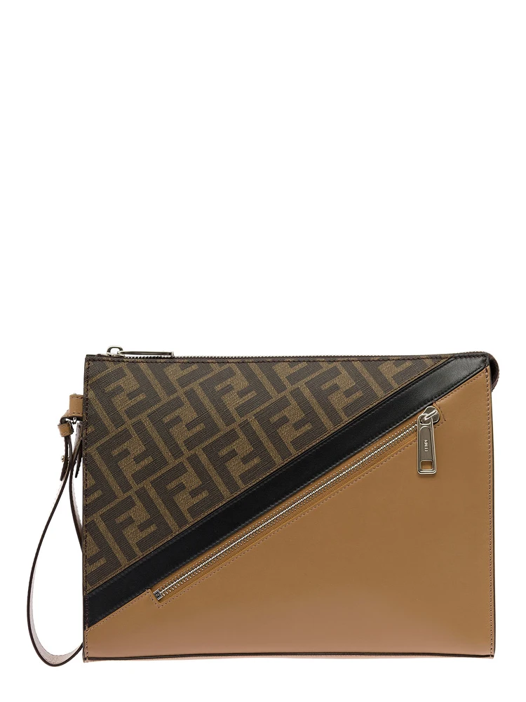 Brown Flat Pouch with Leather Diagonal Insert Man Fendi