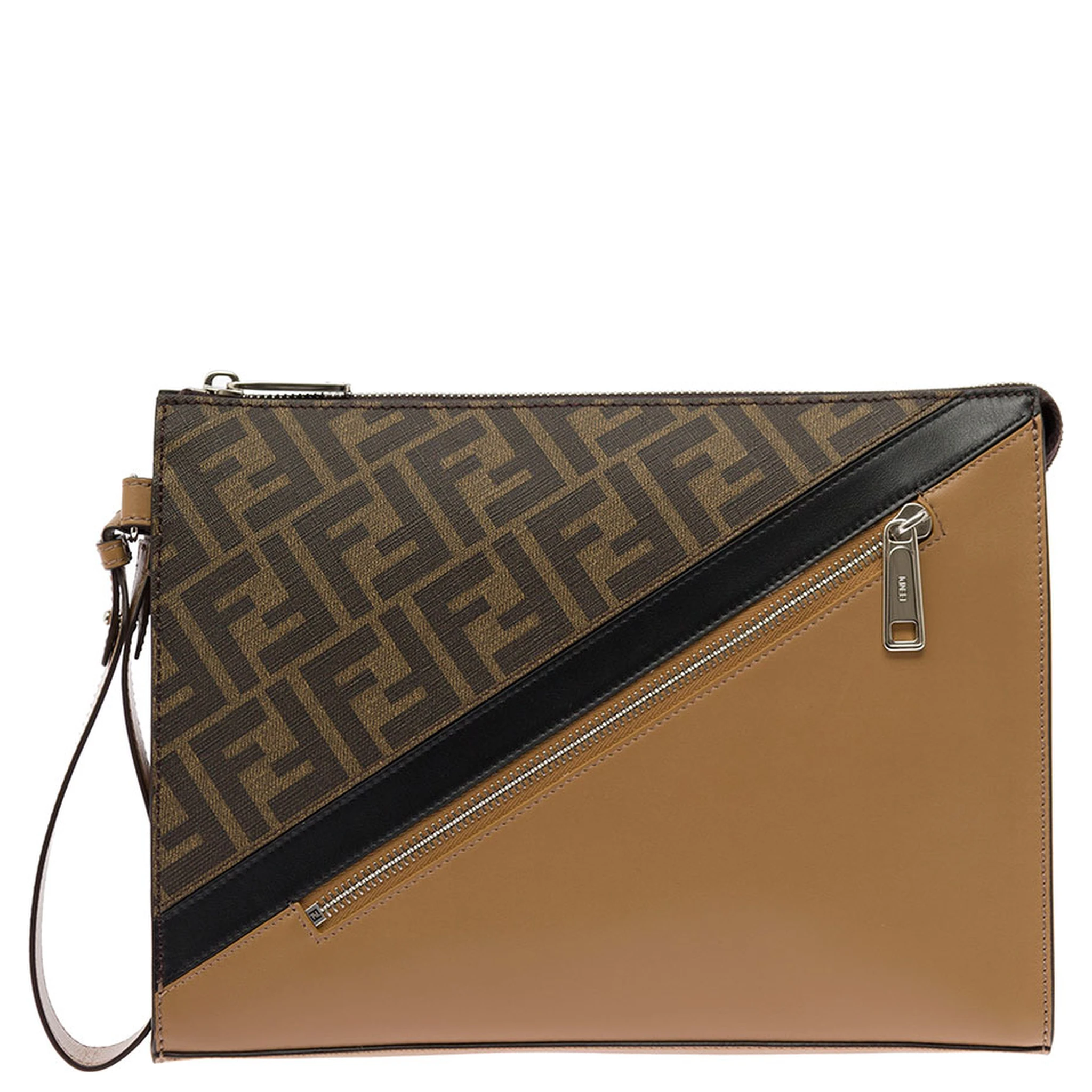 Brown Flat Pouch with Leather Diagonal Insert Man Fendi
