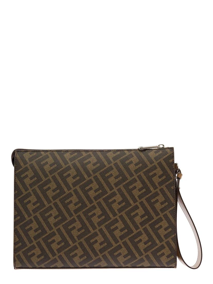 Brown Flat Pouch with Leather Diagonal Insert Man Fendi