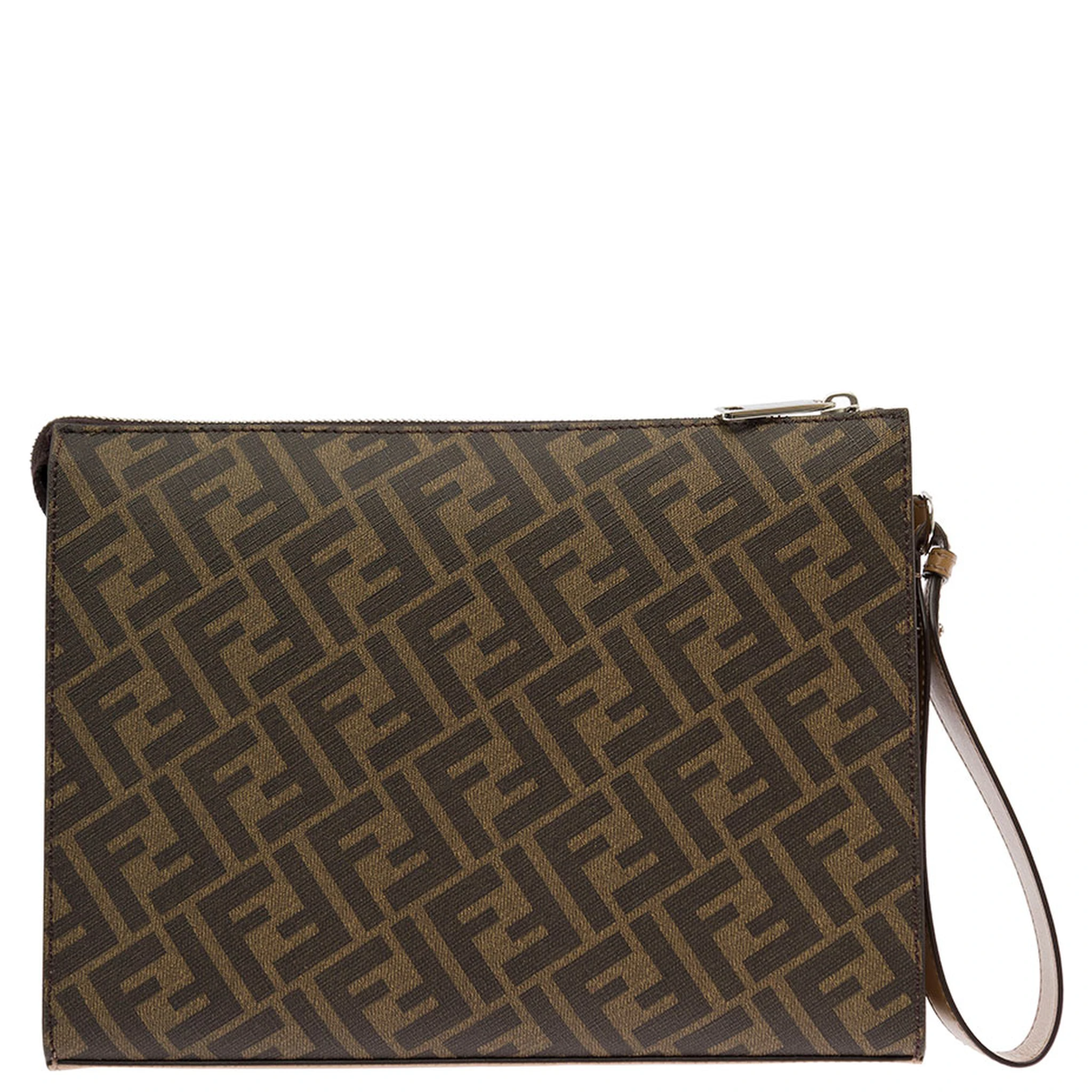Brown Flat Pouch with Leather Diagonal Insert Man Fendi