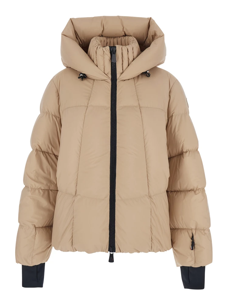 Bonnieure Beige Down Jacket with Drawstring Hood and Logo Patch on the Sleeve in Tech Fabric Woman