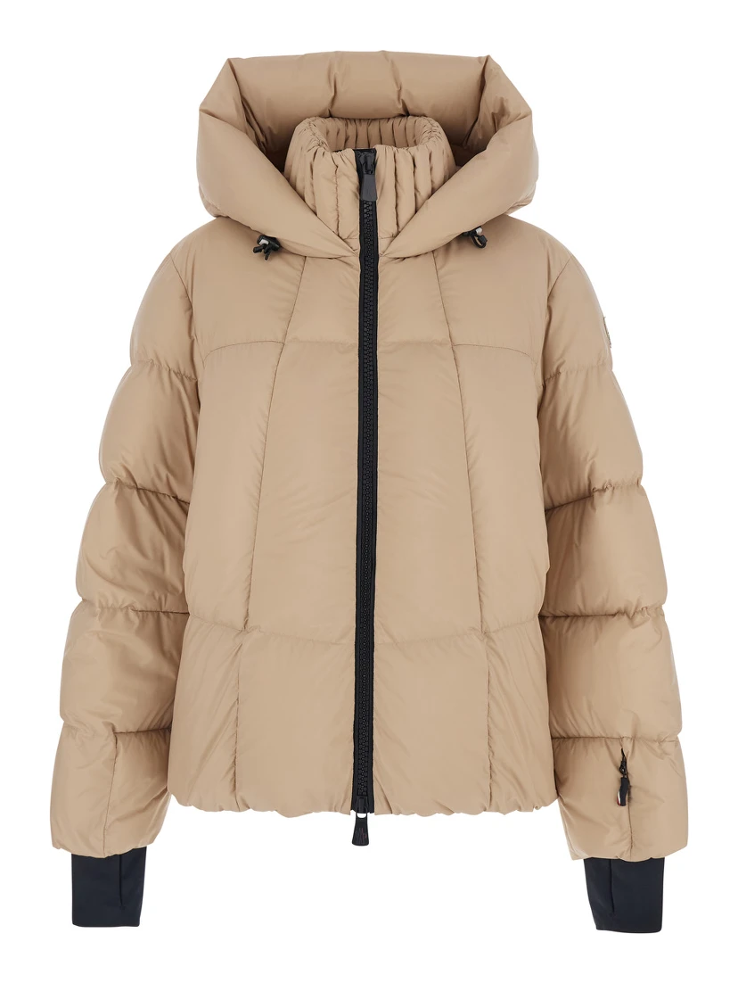 Bonnieure Beige Down Jacket with Drawstring Hood and Logo Patch on the Sleeve in Tech Fabric Woman