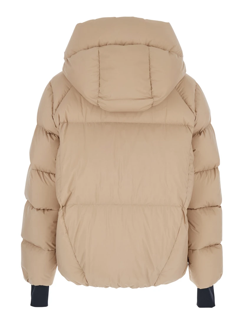 Bonnieure Beige Down Jacket with Drawstring Hood and Logo Patch on the Sleeve in Tech Fabric Woman